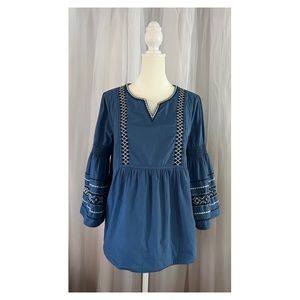 Crown & Ivy Blue Bohemian Peasant Blouse Top Bell Sleeves 100% Cotton EUC Sz S